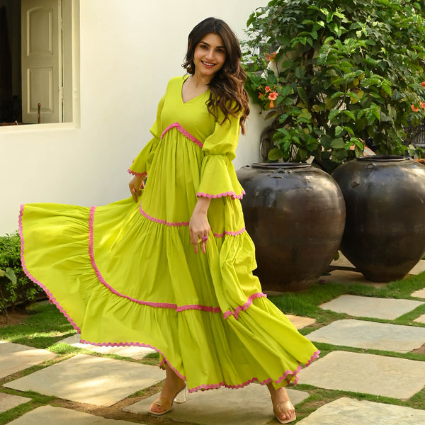 Buy Bunaai Amelia Pink and Yellow Cotton Maxi Dress For Women Online