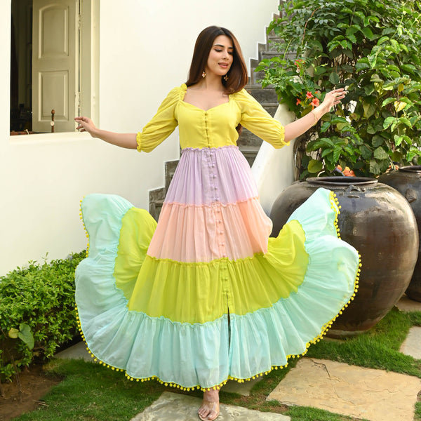 Buy Bunaai Amelia Pink and Yellow Cotton Maxi Dress For Women Online
