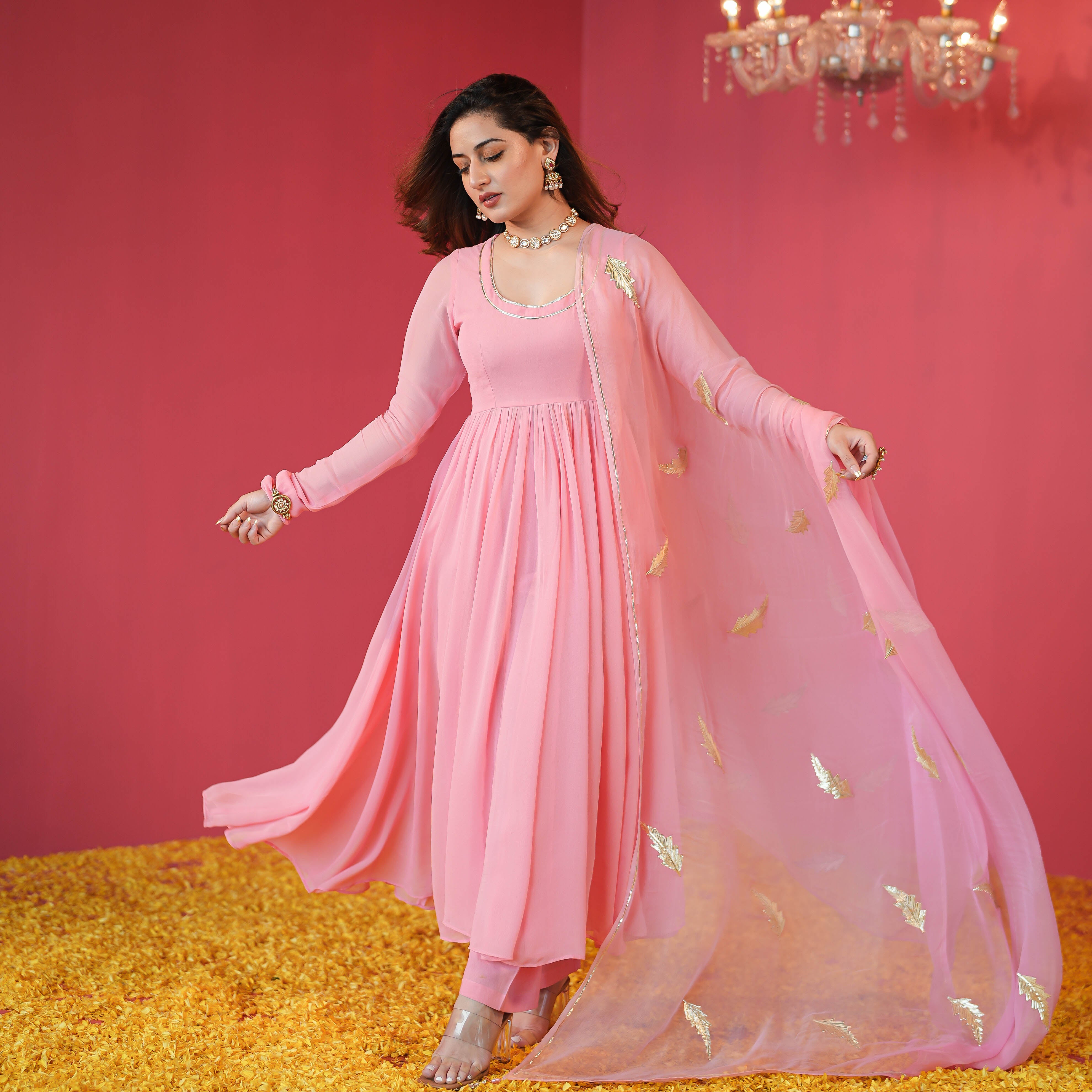 Rosy Pink Georgette Anarkali Suit Set For Women Online