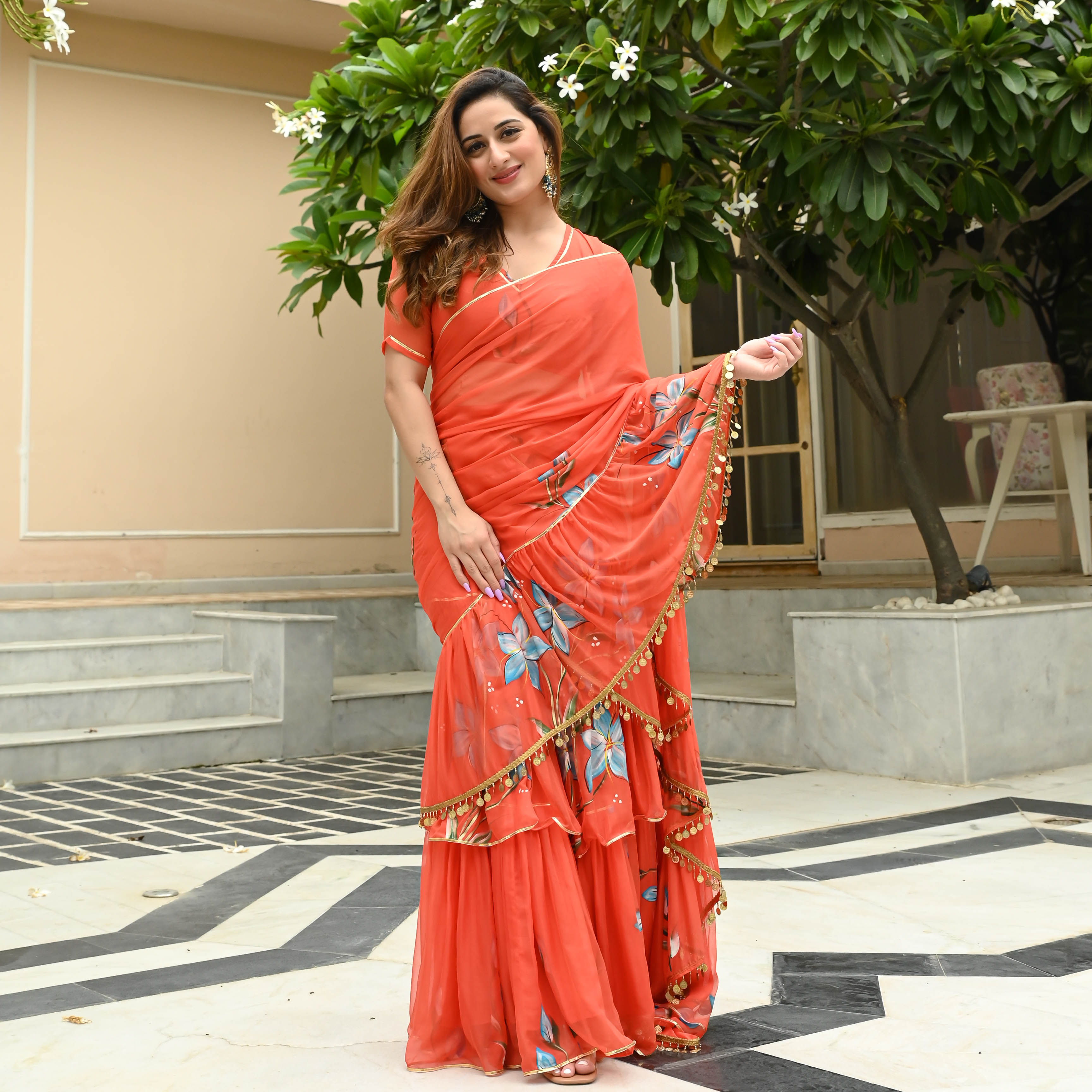 Amber Red Handpainted Draped Chiffon Saree with Blouse Online