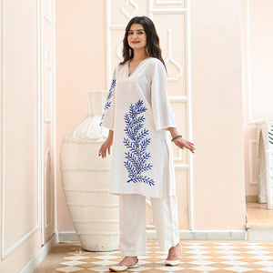 White Blue Embroidered Cotton Co-ord Set For Women Online