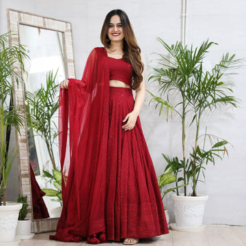 Buy Maroon Chikankari Festive Ethnic Wear Lehenga Set for Women