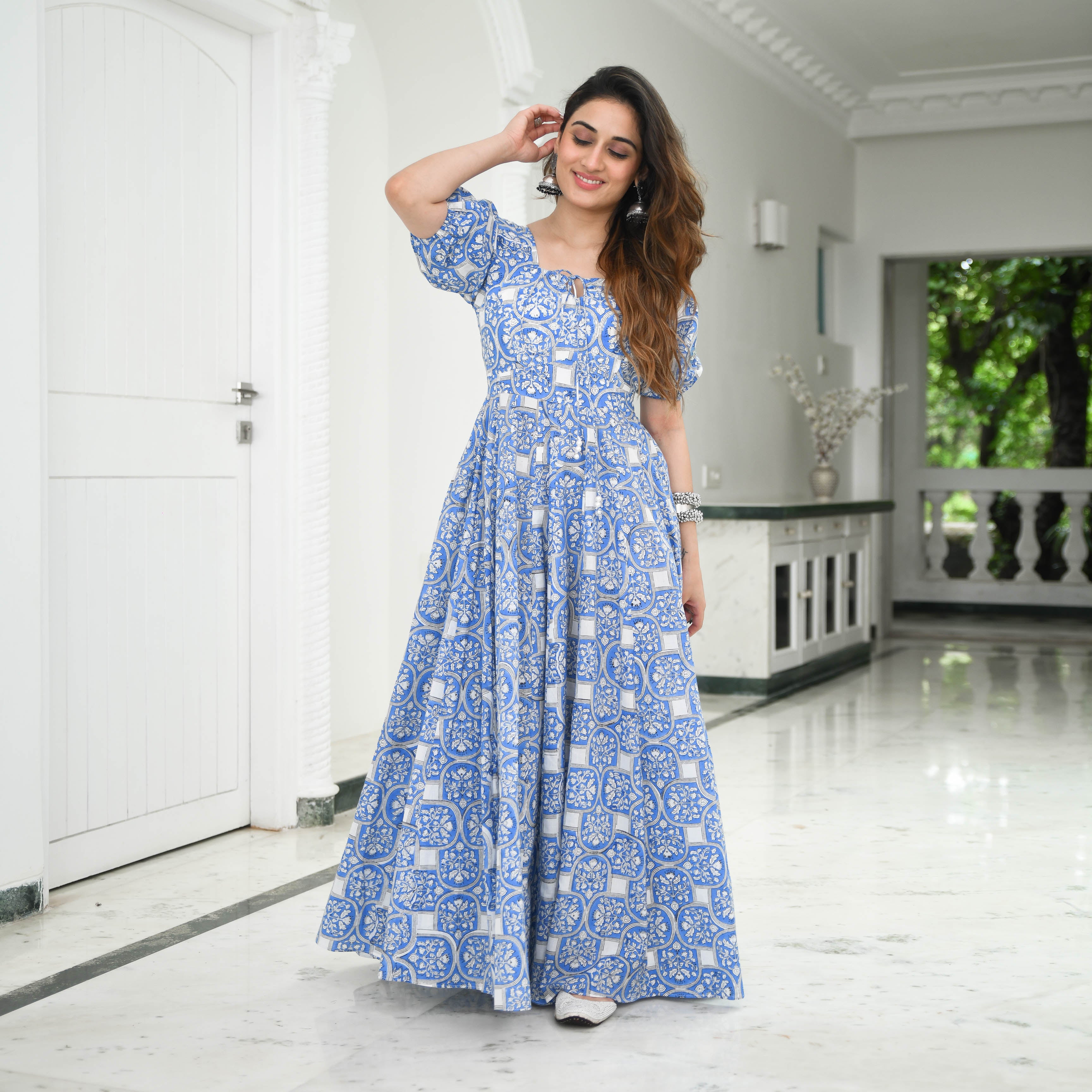 Buy Bunaai Twilight Blue & White Flare Maxi Cotton Dress For Women