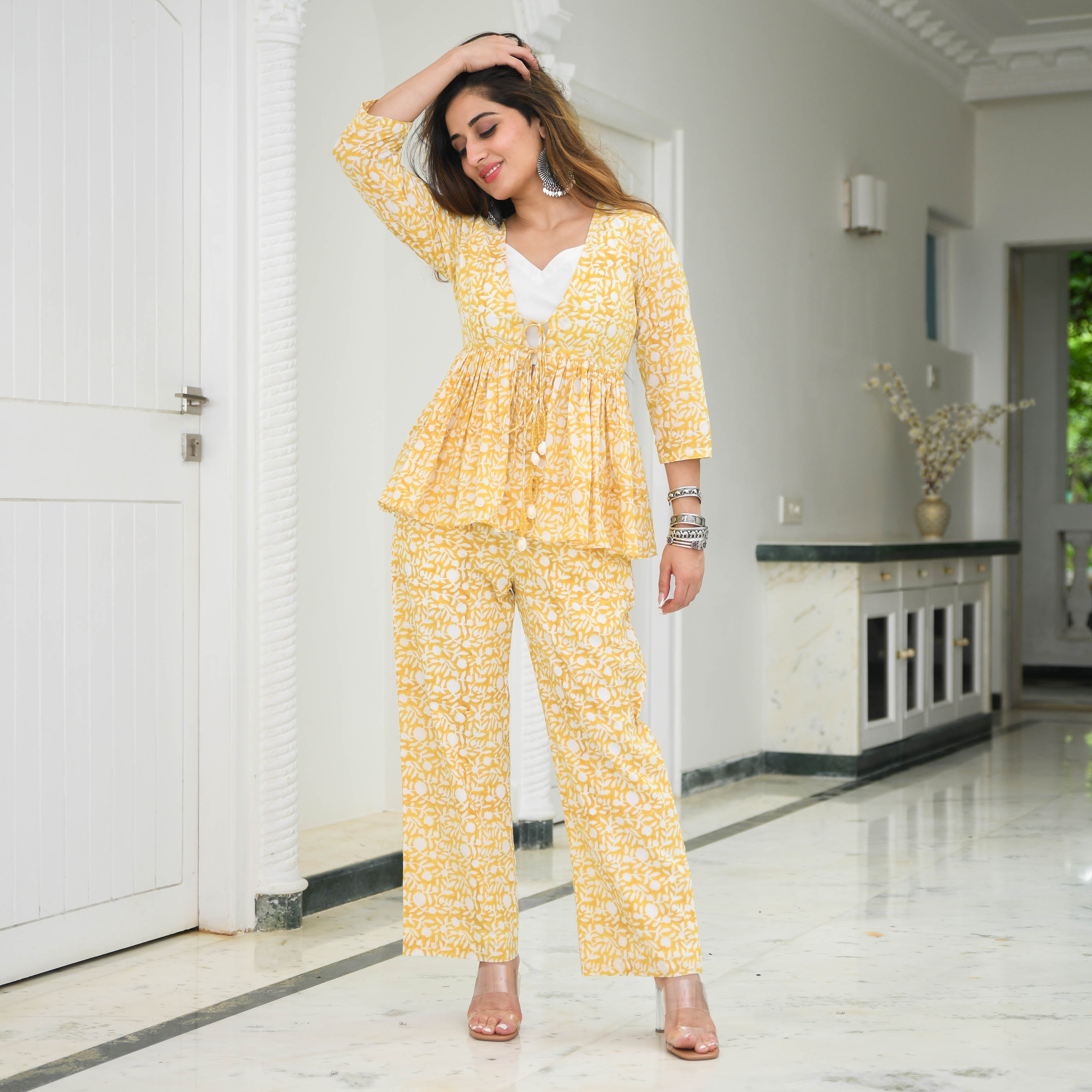 Buy Morrio Women Yellow Printed 100%Cotton Top and Pyjama Set (L