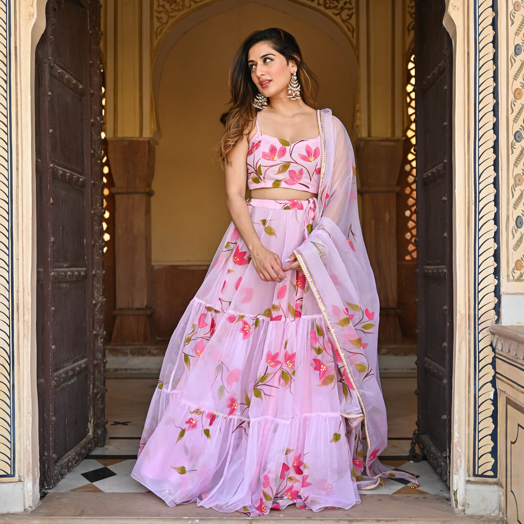 Buy Bunaai Baby Pink HandPainted Floral Lehenga Set For Women Online