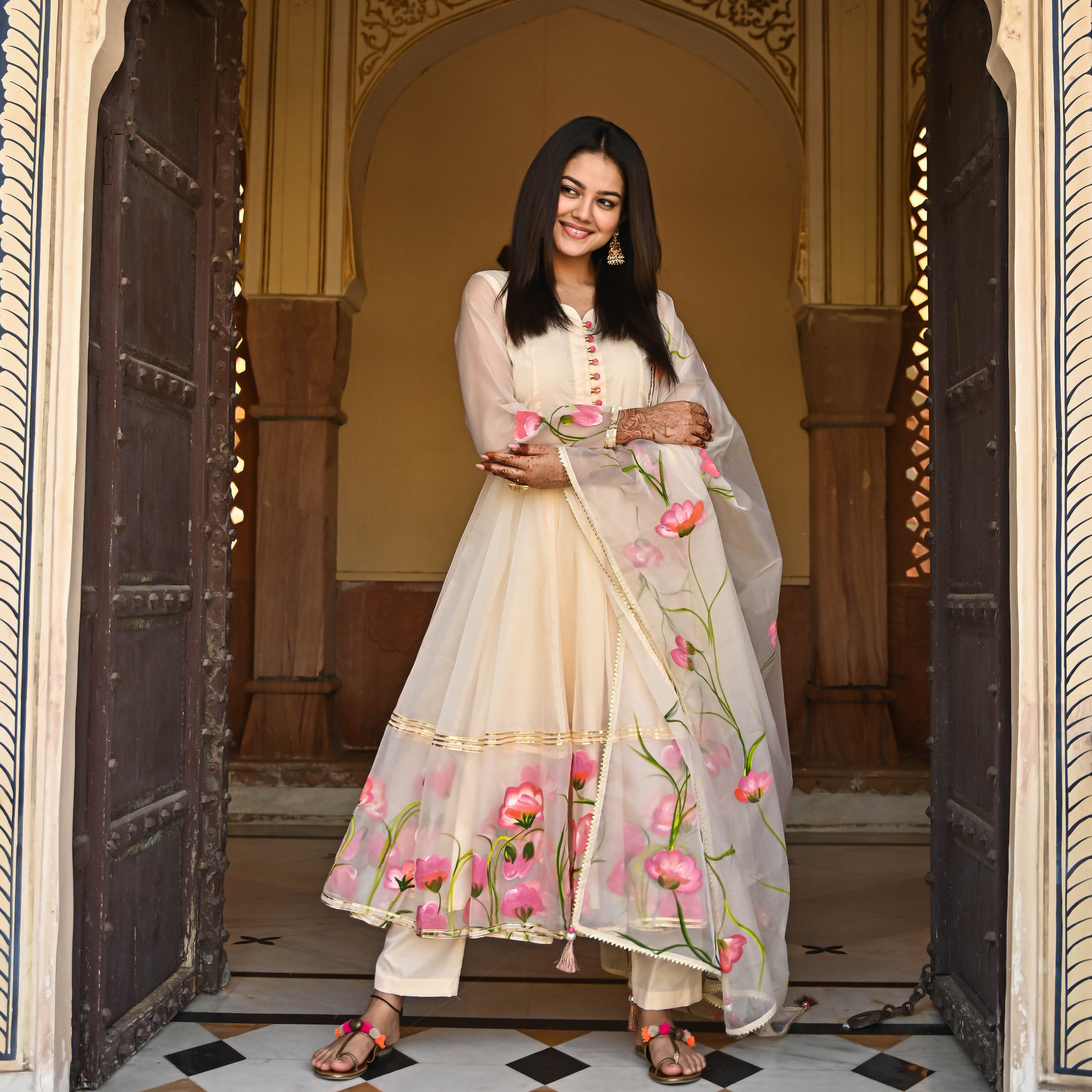Buy Enakshi Cream Handpainted Designer Anarkali Suit Set for Women