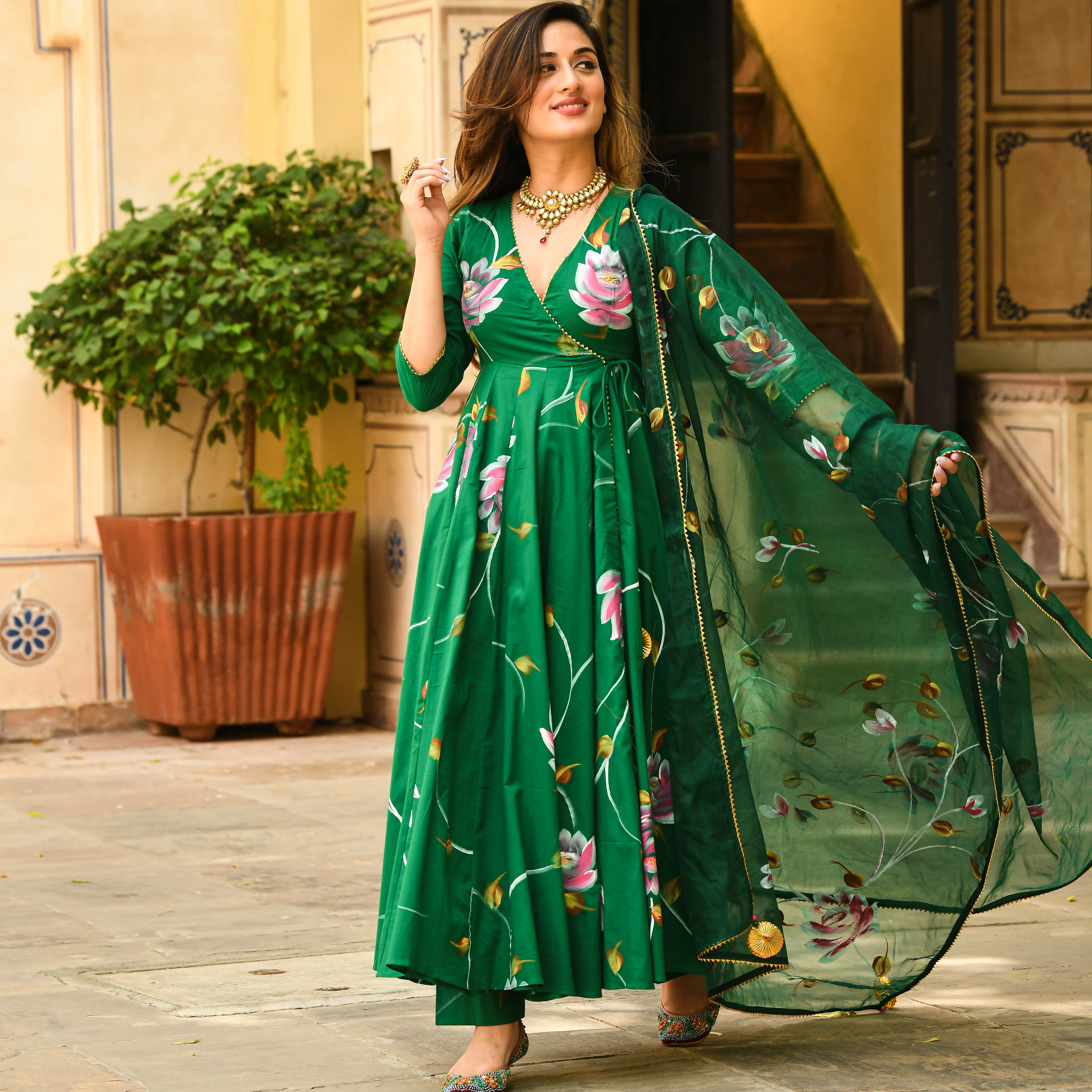 Buy Bright Green Handpainted Designer Anarkali Suit Set for Women – Bunaai
