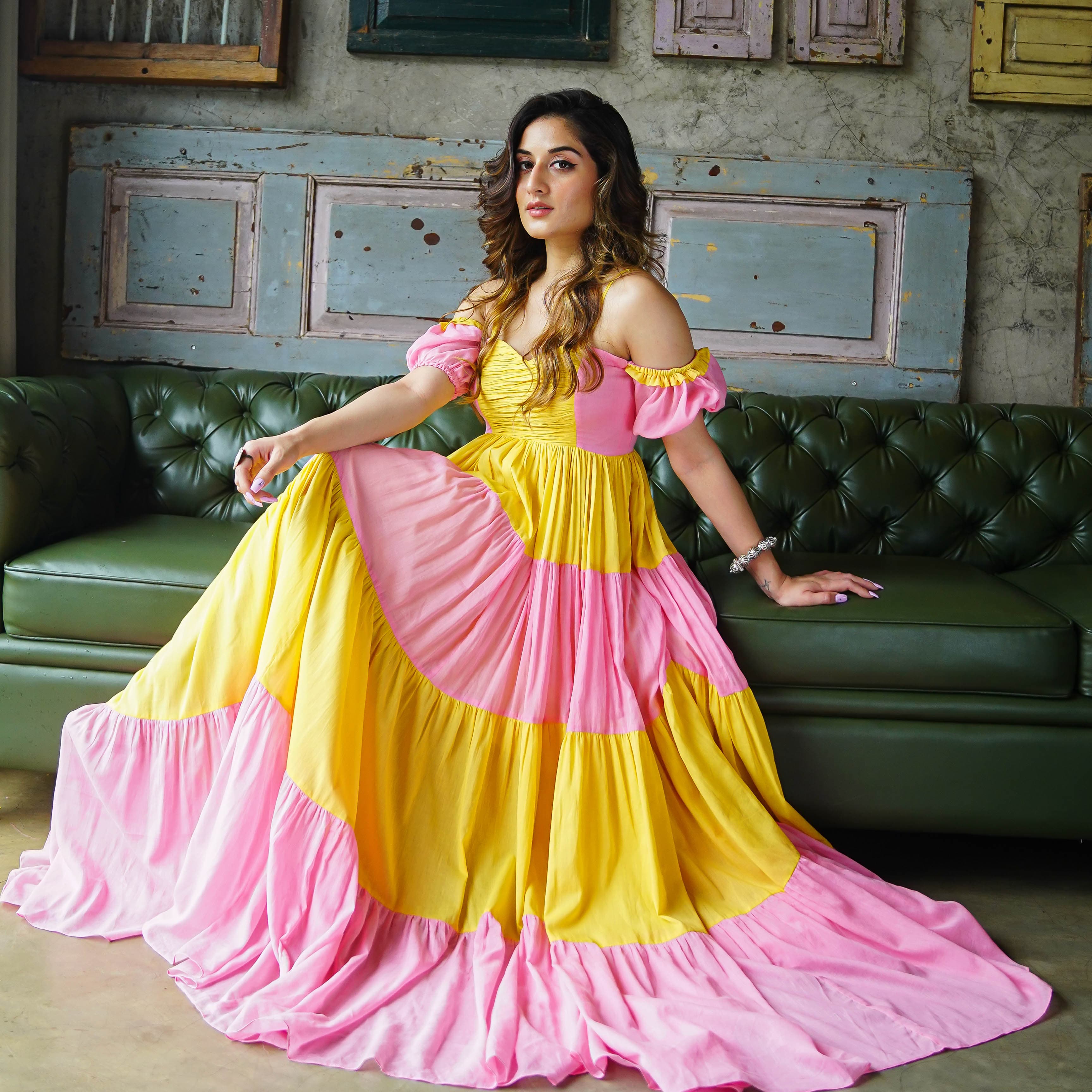 Buy Bunaai Amelia Pink and Yellow Cotton Maxi Dress For Women Online