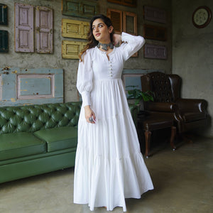 Buy Bunaai Pure White Cotton Maxi Dress For Women Online