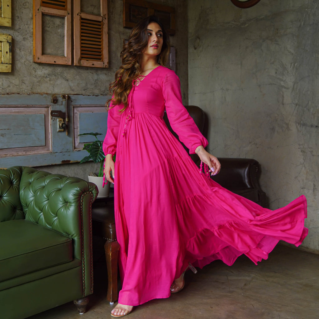 Buy Bunaai Hot Pink Cotton Maxi Anarkali Dress For Women Online