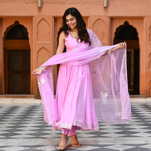 Buy Bunaai Hot Pink Cotton Silk Mirror Work Suit Set For Women Online