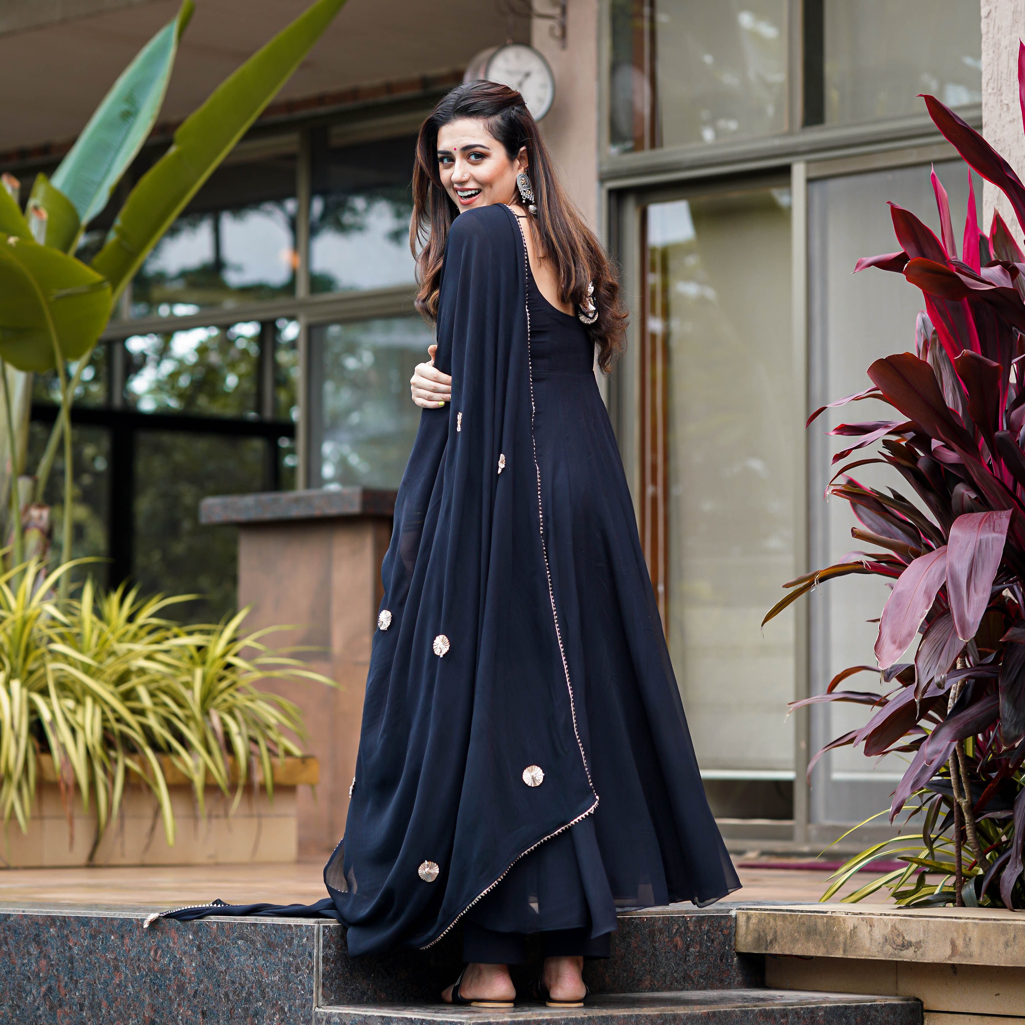 Buy Bunaai Black Georgette Designer Anarkali Suit Set For Women Online